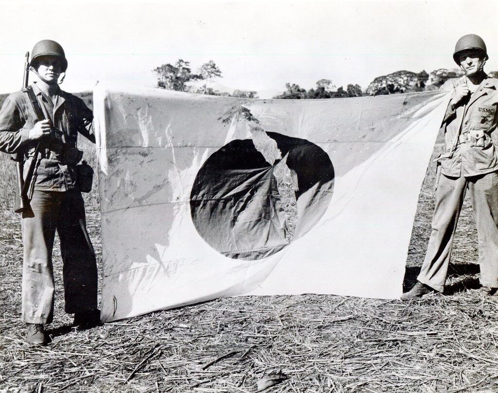 Captured Japanese flag Marines Guadalcanal